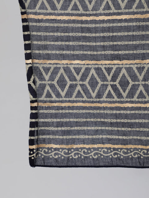 Women Navy Blue & Gold Printed Straight Kurta With Plazo & Dupatta