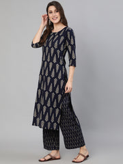 Women Navy Blue & Gold Printed Straight Kurta With Plazo & Dupatta