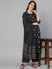 Women Navy Blue & Gold Printed Straight Kurta With Plazo & Dupatta