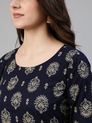 Women Navy Blue & Gold Printed Straight Kurta With Plazo & Dupatta
