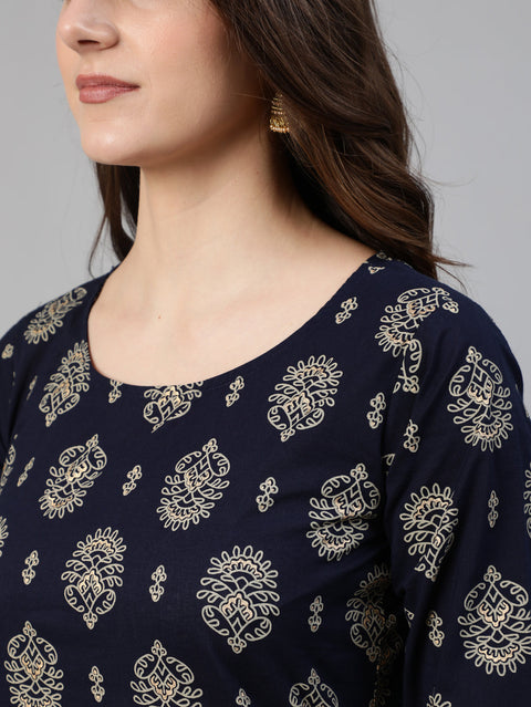 Women Navy Blue & Gold Printed Straight Kurta With Plazo & Dupatta