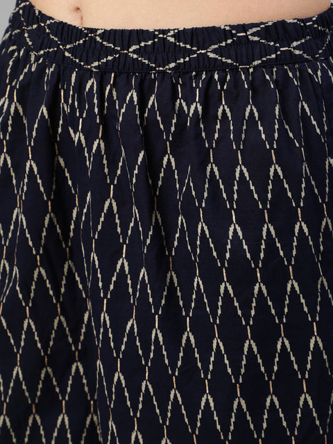 Women Navy Blue & Gold Printed Straight Kurta With Plazo & Dupatta