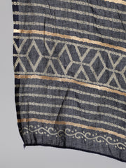 Women Navy Blue & Gold Printed Straight Kurta With Plazo & Dupatta
