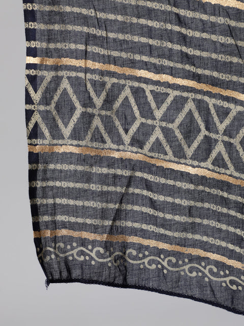 Women Navy Blue & Gold Printed Straight Kurta With Plazo & Dupatta