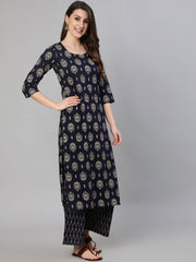 Women Navy Blue & Gold Printed Straight Kurta With Plazo & Dupatta