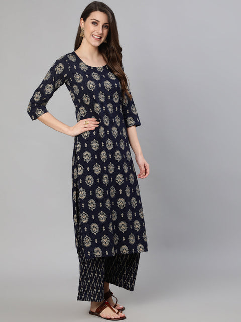Women Navy Blue & Gold Printed Straight Kurta With Plazo & Dupatta