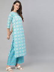 Women Blue & Off White Printed Kurta With Plazo & Dupatta