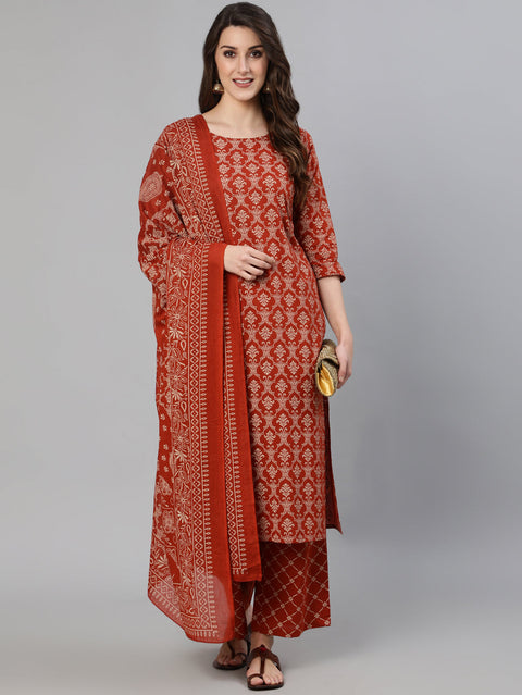 Women Rust Ethnic Printed Straight Kurta With Palazzo And Dupatta