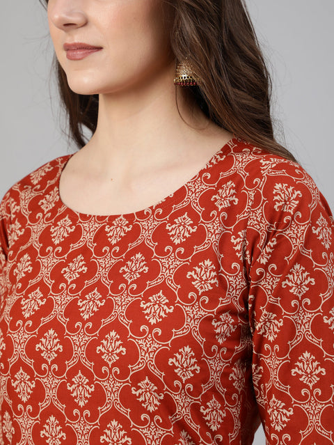 Women Rust Ethnic Printed Straight Kurta With Palazzo And Dupatta