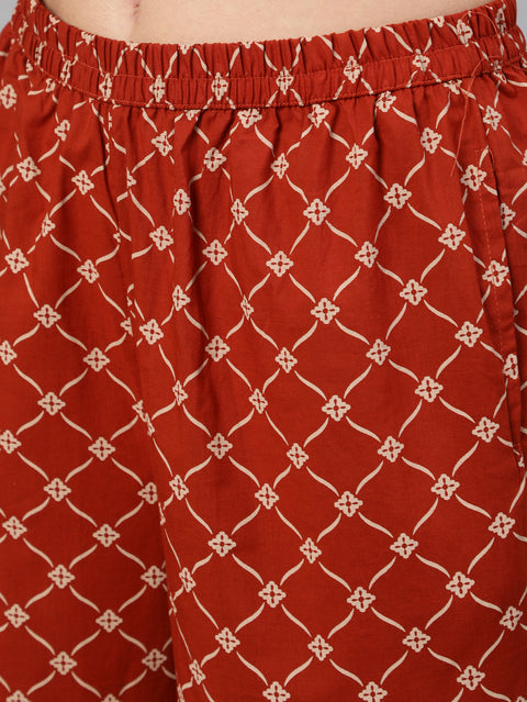 Women Rust Ethnic Printed Straight Kurta With Palazzo And Dupatta