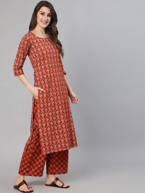 Women Rust Ethnic Printed Straight Kurta With Palazzo And Dupatta