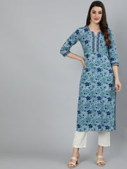 Women Blue Floral Printed Straight Kurta With Three Quarter sleeves