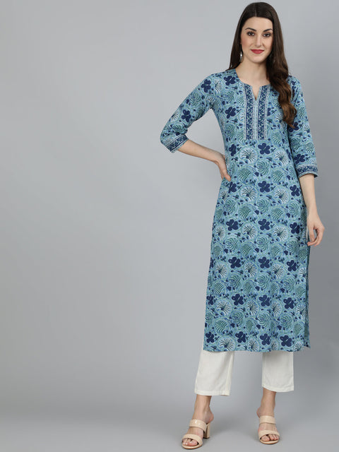 Women Blue Floral Printed Straight Kurta With Three Quarter sleeves