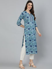 Women Blue Floral Printed Straight Kurta With Three Quarter sleeves
