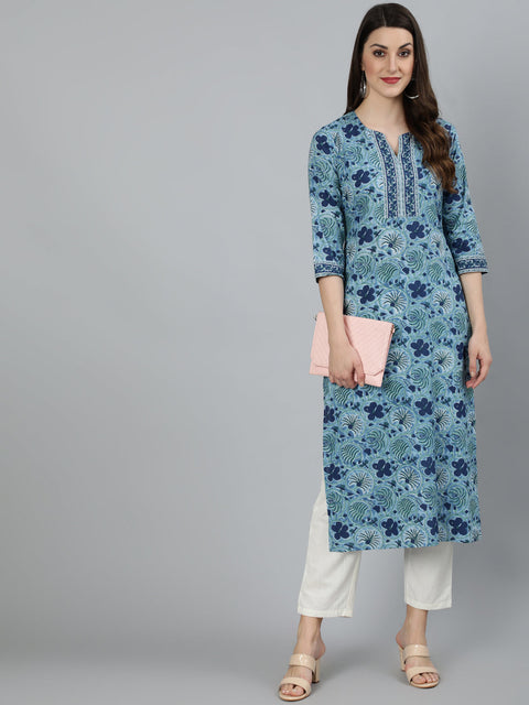 Women Blue Floral Printed Straight Kurta With Three Quarter sleeves