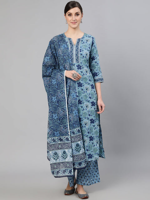Women Blue Printed Straight Kurta With Plazo & Dupatta