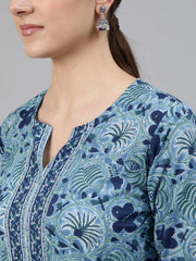Women Blue Printed Straight Kurta With Plazo & Dupatta