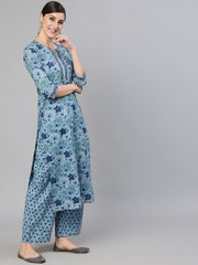 Women Blue Printed Straight Kurta With Plazo & Dupatta