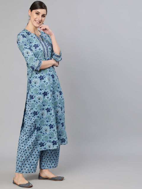 Women Blue Printed Straight Kurta With Plazo & Dupatta
