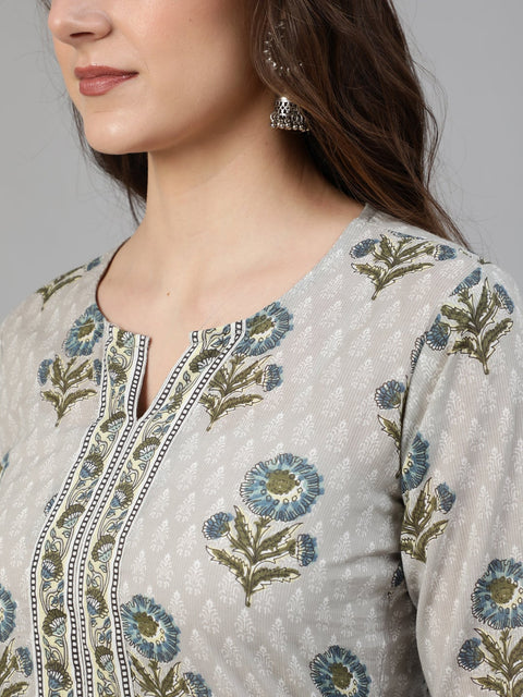 Women Grey Floral Printed  Straight Kurta With One Side Pocket