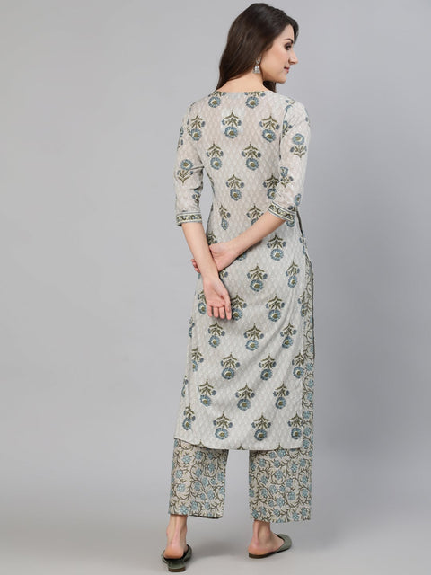 Women Grey Floral Printed  Straight Kurta With One Side Pocket