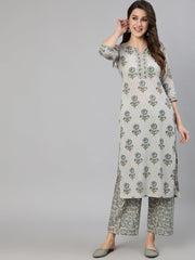 Women Grey Floral Printed  Straight Kurta With One Side Pocket