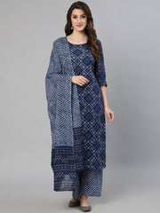 Women Navy Blue Bandhani Printed Straight Kurta With Dupatta And Palazzos
