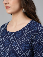 Women Navy Blue Bandhani Printed Straight Kurta With Dupatta And Palazzos