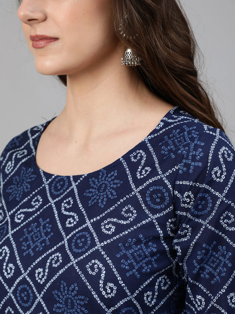 Women Navy Blue Bandhani Printed Straight Kurta With Dupatta And Palazzos