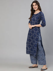 Women Navy Blue Bandhani Printed Straight Kurta With Dupatta And Palazzos