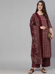 Women Burgundy Ethnic Printed Straightb Kurta With Palazzo & Dupatta