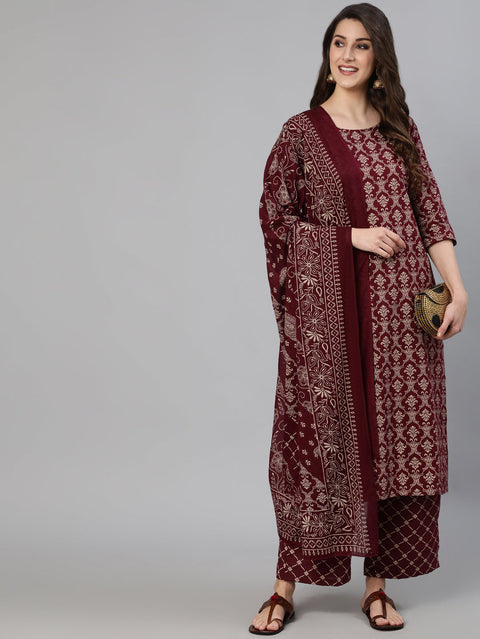 Women Burgundy Ethnic Printed Straightb Kurta With Palazzo & Dupatta