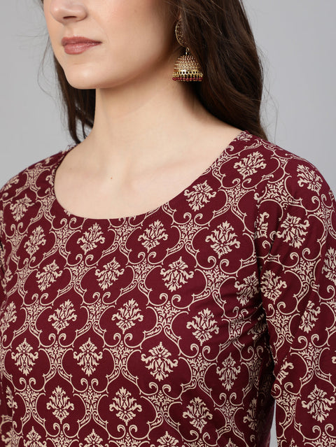 Women Burgundy Ethnic Printed Straightb Kurta With Palazzo & Dupatta