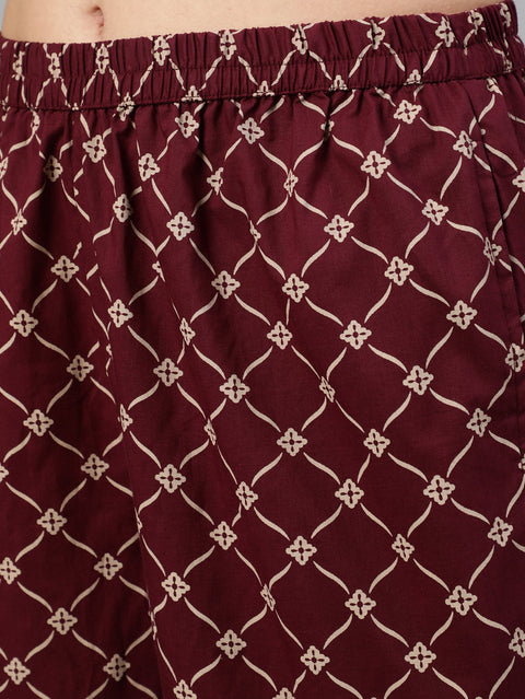 Women Burgundy Ethnic Printed Straightb Kurta With Palazzo & Dupatta
