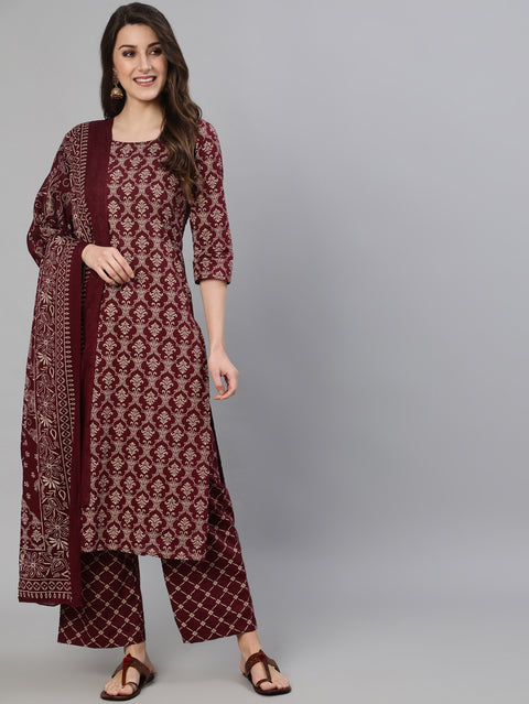 Women Burgundy Ethnic Printed Straightb Kurta With Palazzo & Dupatta