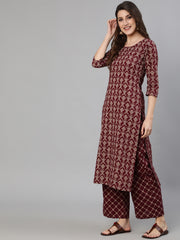 Women Burgundy Ethnic Printed Straightb Kurta With Palazzo & Dupatta