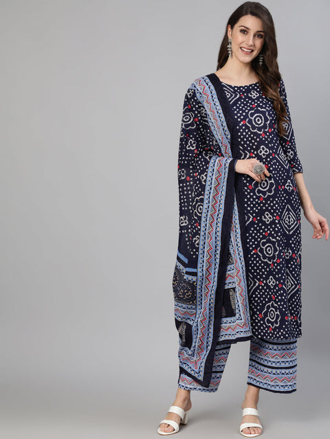 Women Blue Bandhani Printed Straight Kurta With Palazzo Dupatta