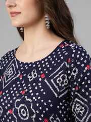 Women Blue Bandhani Printed Straight Kurta With Palazzo Dupatta