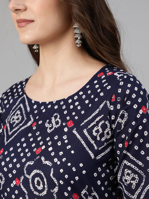 Women Blue Bandhani Printed Straight Kurta With Palazzo Dupatta