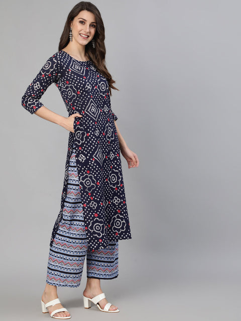 Women Blue Bandhani Printed Straight Kurta With Palazzo Dupatta