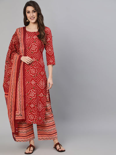 Women Red Bandhani Printed Straight Kurta With Palzzo And Dupatta