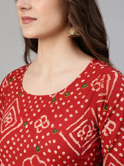 Women Red Bandhani Printed Straight Kurta With Palzzo And Dupatta