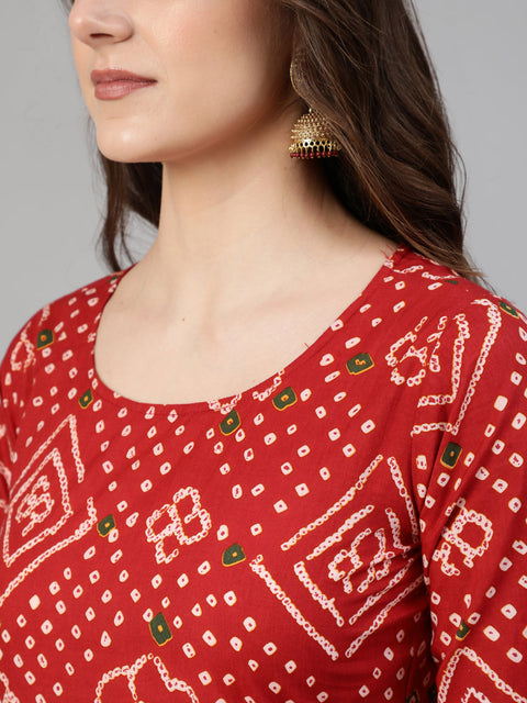 Women Red Bandhani Printed Straight Kurta With Palzzo And Dupatta