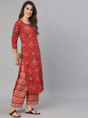 Women Red Bandhani Printed Straight Kurta With Palzzo And Dupatta