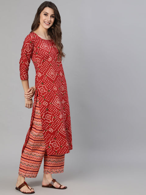 Women Red Bandhani Printed Straight Kurta With Palzzo And Dupatta