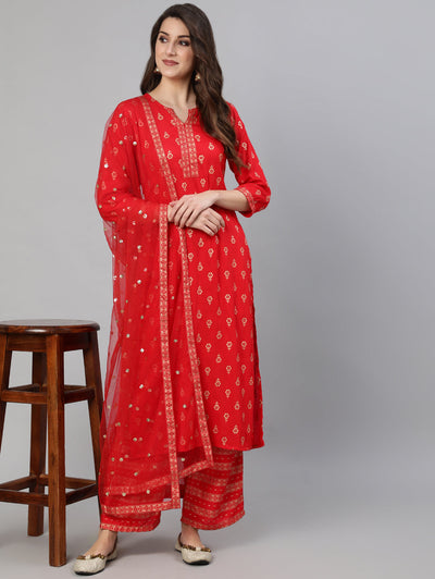 Women Red Gold Ethnic Printed Kurta With Palazzo And Sequence Dupatta