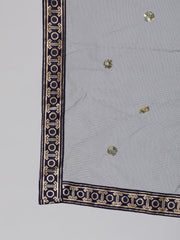 Women Navy Blue Printed Straight Kurta With Palazo And Net Dupatta