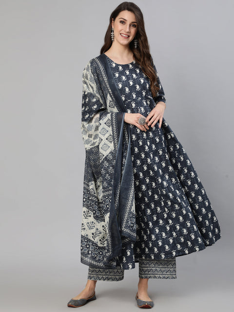 Women Grey Ethnic Motif Printed Flared Kurta With Trouser And Dupatta