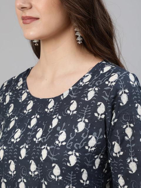 Women Grey Ethnic Motif Printed Flared Kurta With Trouser And Dupatta