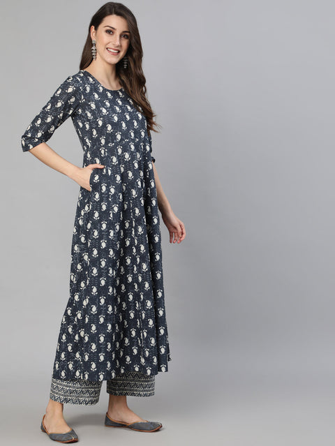 Women Grey Ethnic Motif Printed Flared Kurta With Trouser And Dupatta